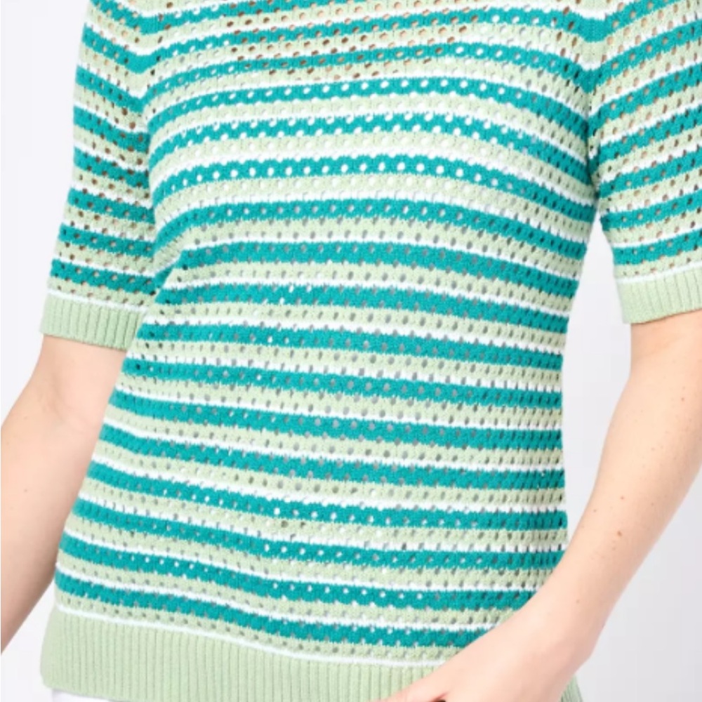 Green and White Crew Neck Sweater with Ribbed Stripes